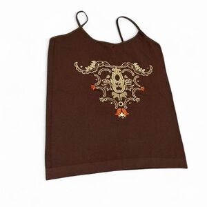 Brown Embroidered Spaghetti Strap Tank Top